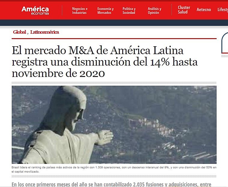El mercado M&A de Amrica Latina registra una disminucin del 14% hasta noviembre de 2020